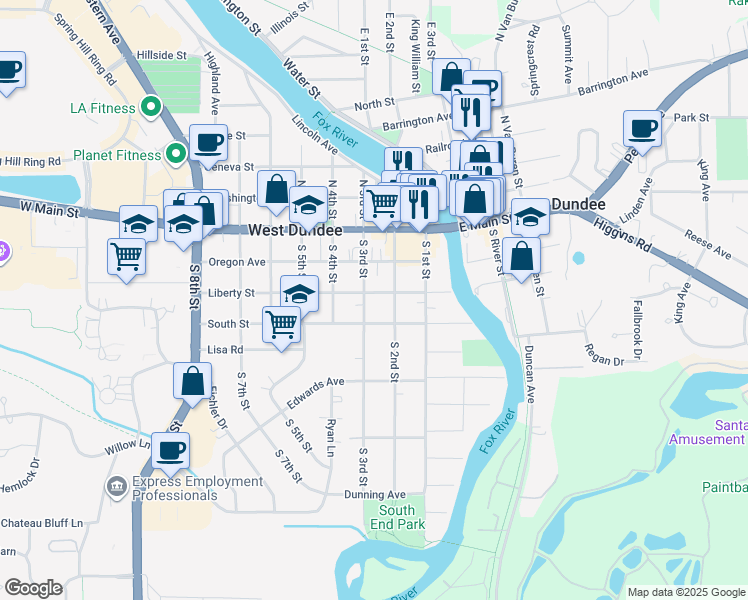 map of restaurants, bars, coffee shops, grocery stores, and more near 213 Liberty Street in West Dundee
