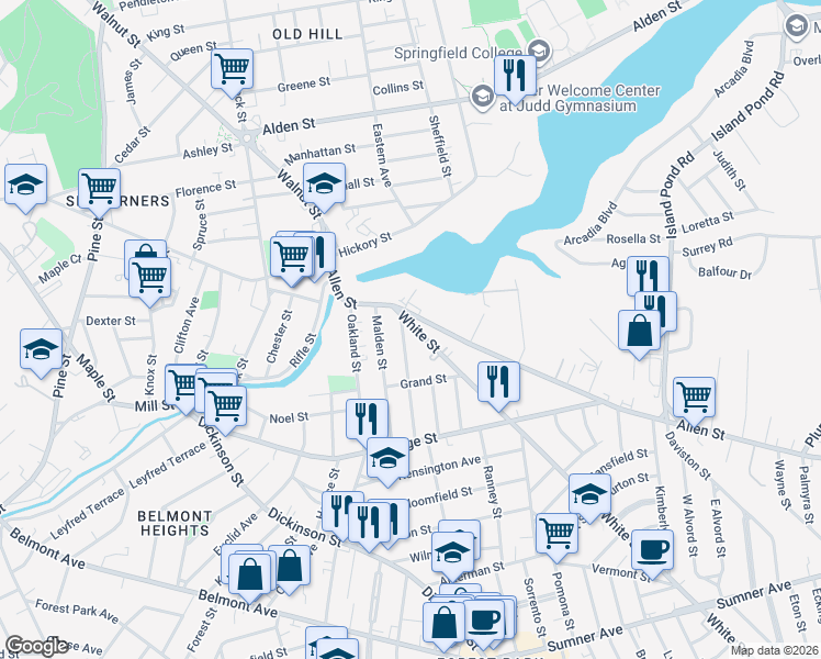 map of restaurants, bars, coffee shops, grocery stores, and more near 30 White Street in Springfield