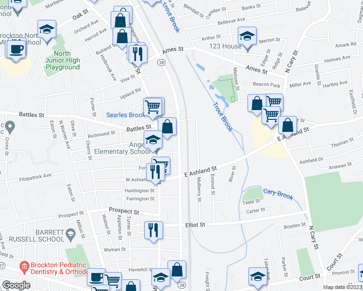 map of restaurants, bars, coffee shops, grocery stores, and more near 491 North Montello Street in Brockton