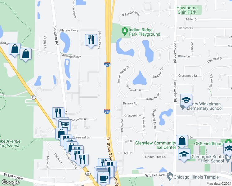 map of restaurants, bars, coffee shops, grocery stores, and more near 2318 Indian Ridge Drive in Glenview