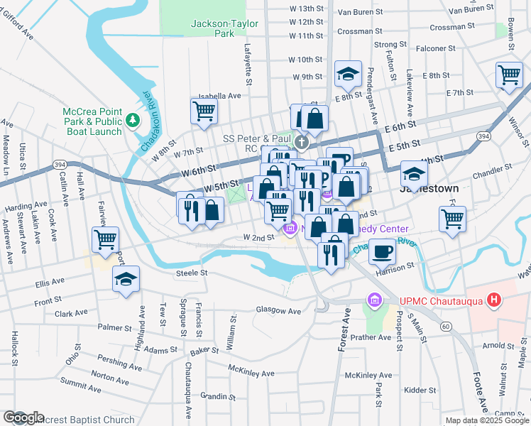 map of restaurants, bars, coffee shops, grocery stores, and more near 310 Jefferson Street in Jamestown