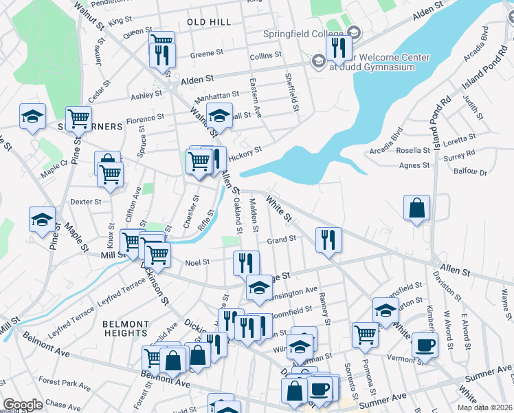 map of restaurants, bars, coffee shops, grocery stores, and more near 20-22 Malden Street in Springfield