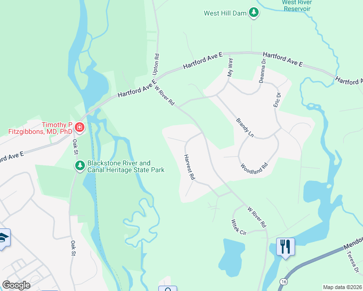 map of restaurants, bars, coffee shops, grocery stores, and more near 72 Harvest Road in Uxbridge