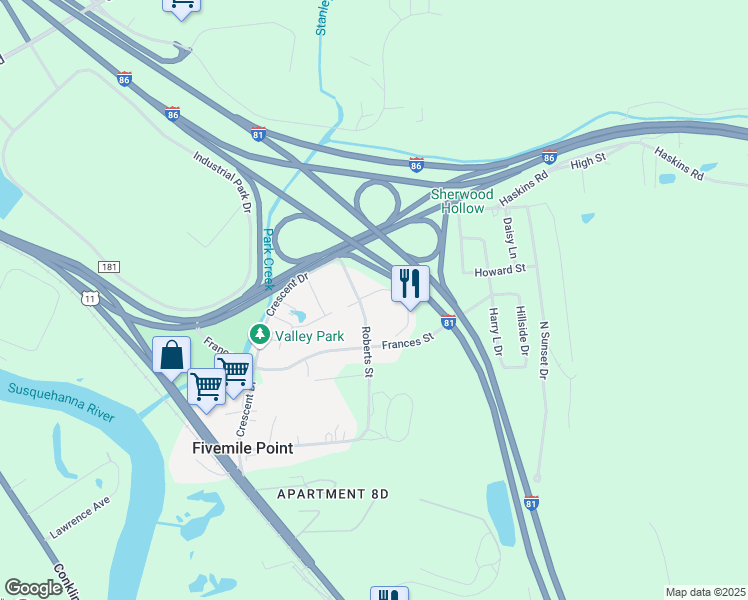 map of restaurants, bars, coffee shops, grocery stores, and more near 25 Roberts St in Kirkwood
