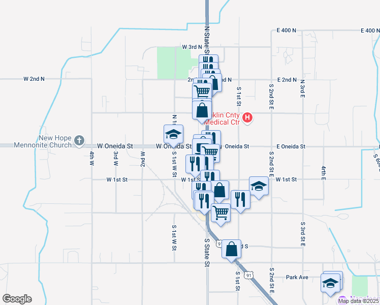map of restaurants, bars, coffee shops, grocery stores, and more near 39 West Oneida Street in Preston
