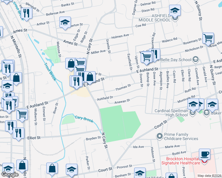 map of restaurants, bars, coffee shops, grocery stores, and more near 61 Bennett Street in Brockton