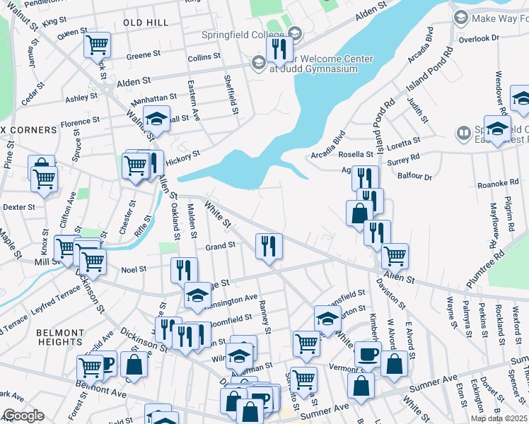 map of restaurants, bars, coffee shops, grocery stores, and more near 19 Hunt Street in Springfield