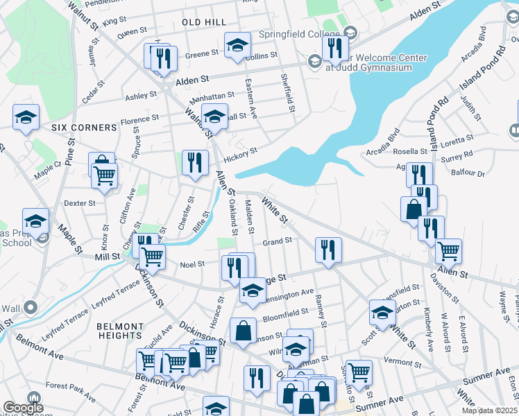 map of restaurants, bars, coffee shops, grocery stores, and more near 26 White Street in Springfield