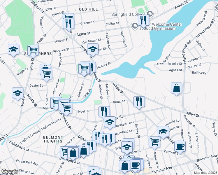 map of restaurants, bars, coffee shops, grocery stores, and more near 20-22 Malden Street in Springfield