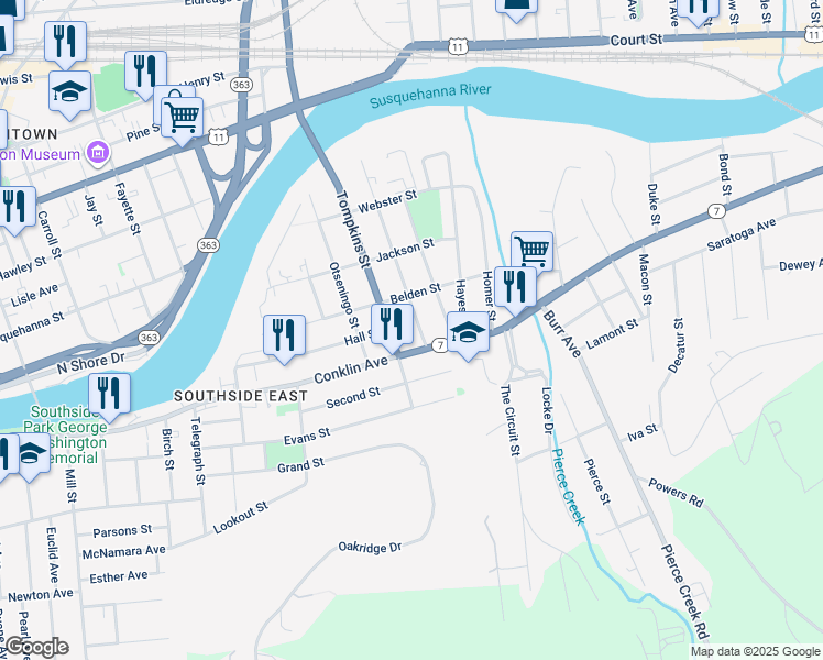 map of restaurants, bars, coffee shops, grocery stores, and more near 65 Tompkins Street in Binghamton