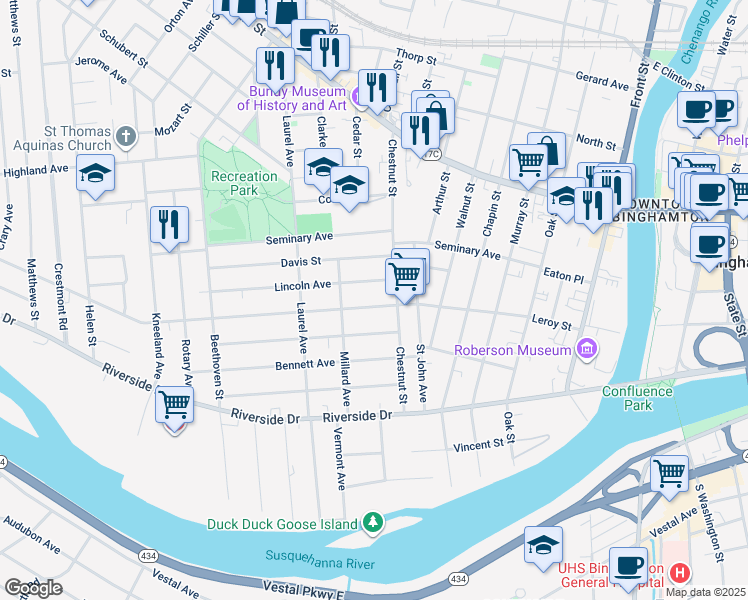 map of restaurants, bars, coffee shops, grocery stores, and more near 45 Chestnut Street in Binghamton