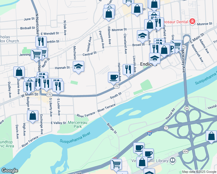 map of restaurants, bars, coffee shops, grocery stores, and more near 515 East Main Street in Endicott