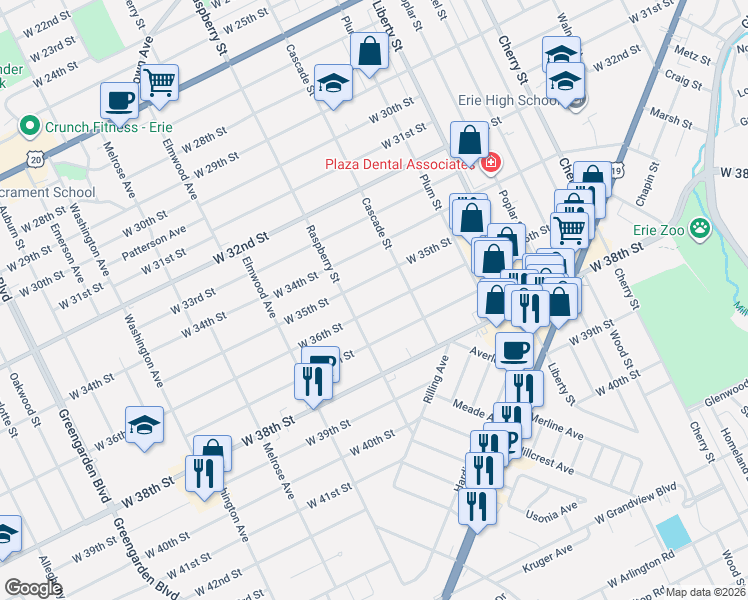 map of restaurants, bars, coffee shops, grocery stores, and more near 1047 W 35th St in Erie