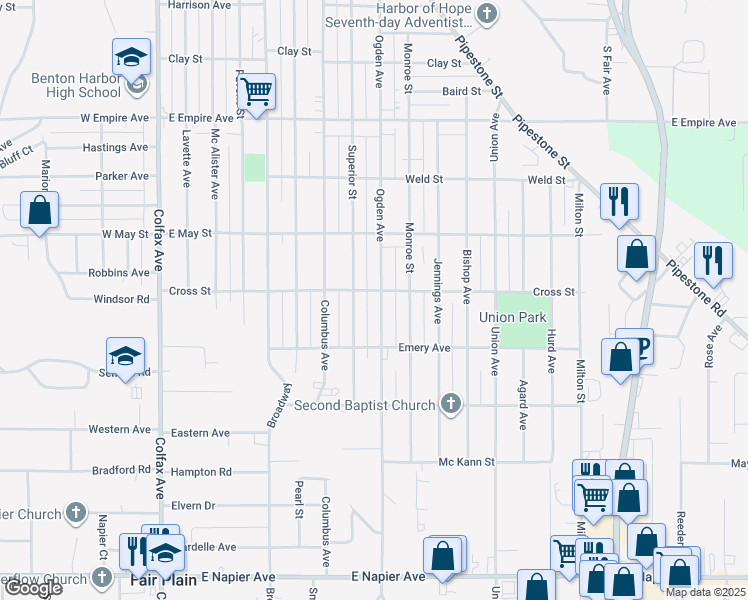 map of restaurants, bars, coffee shops, grocery stores, and more near 1220 Ogden Avenue in Benton Harbor