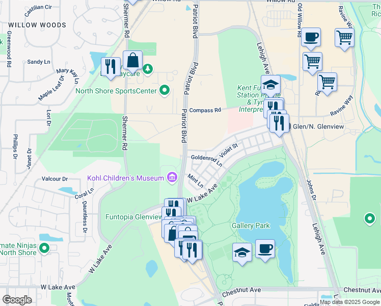 map of restaurants, bars, coffee shops, grocery stores, and more near 2660 Goldenrod Lane in Glenview
