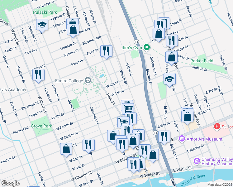 map of restaurants, bars, coffee shops, grocery stores, and more near 682 North Main Street in Elmira