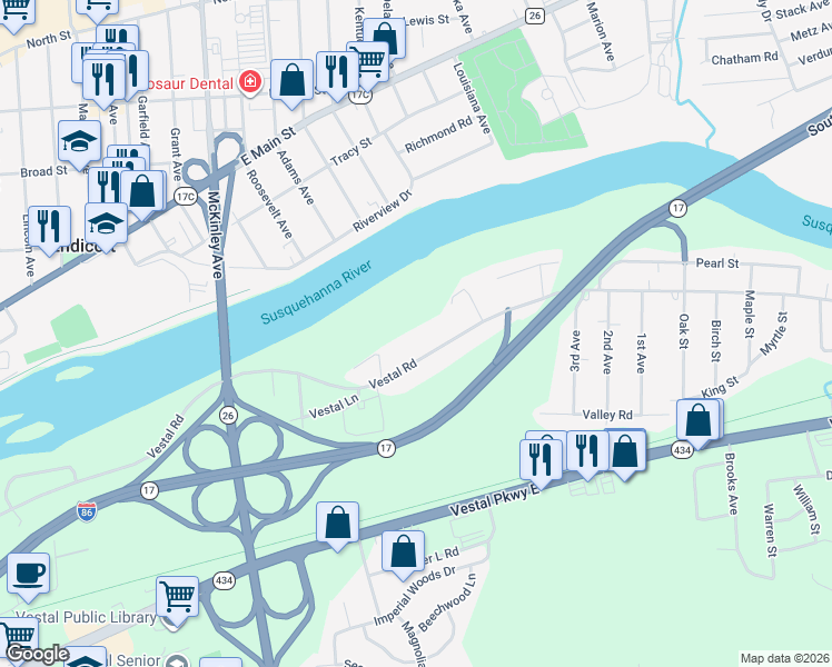 map of restaurants, bars, coffee shops, grocery stores, and more near 939 Vestal Rd in Vestal