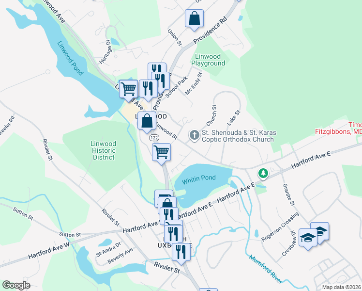 map of restaurants, bars, coffee shops, grocery stores, and more near 132 Linwood Street in Uxbridge