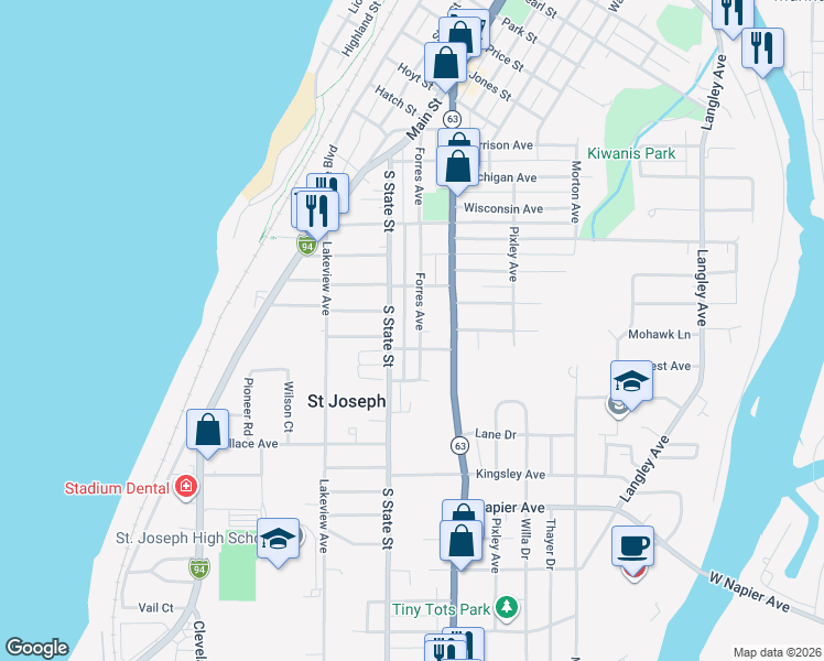 map of restaurants, bars, coffee shops, grocery stores, and more near 1922 Forres Avenue in St. Joseph