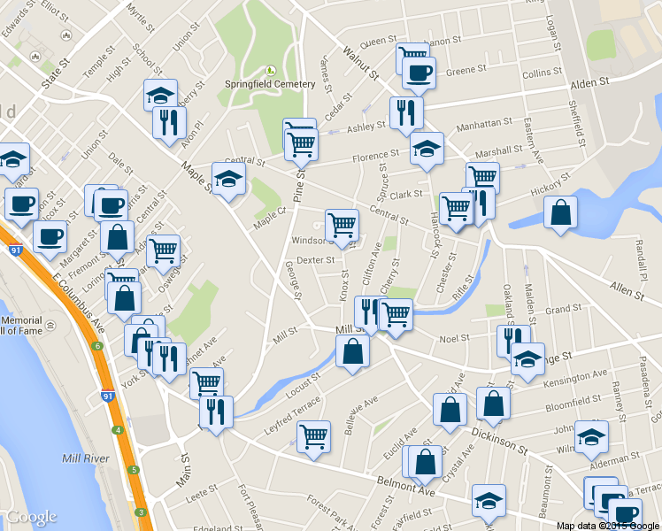 map of restaurants, bars, coffee shops, grocery stores, and more near 55-57 Dexter Street in Springfield