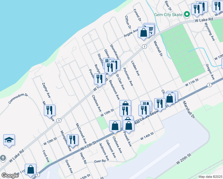 map of restaurants, bars, coffee shops, grocery stores, and more near 812 Beaumont Ave in Erie