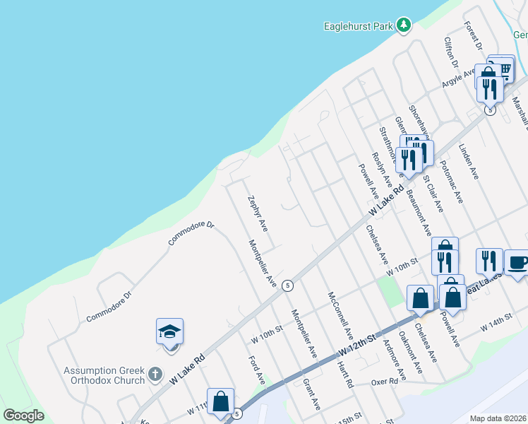 map of restaurants, bars, coffee shops, grocery stores, and more near 521 Zephyr Avenue in Erie