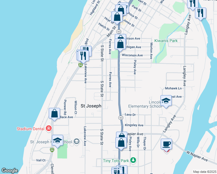 map of restaurants, bars, coffee shops, grocery stores, and more near 1922 Forres Avenue in St. Joseph