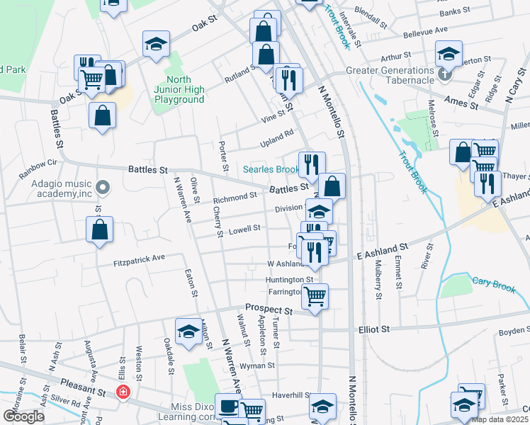 map of restaurants, bars, coffee shops, grocery stores, and more near 39 Fairmount Avenue in Brockton
