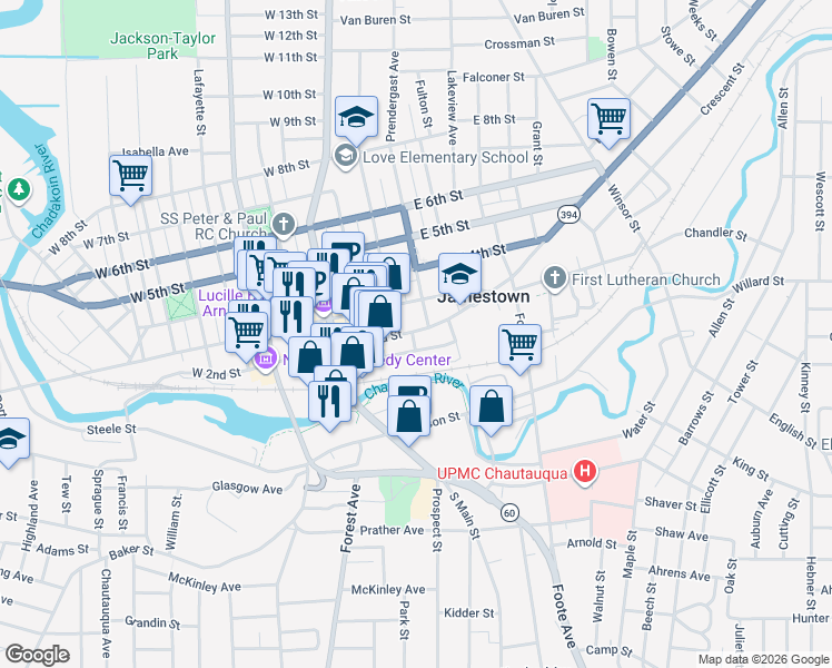 map of restaurants, bars, coffee shops, grocery stores, and more near 226 East 2nd Street in Jamestown