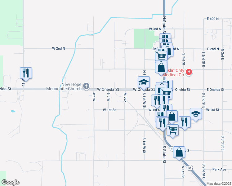 map of restaurants, bars, coffee shops, grocery stores, and more near 249 West Oneida Street in Preston