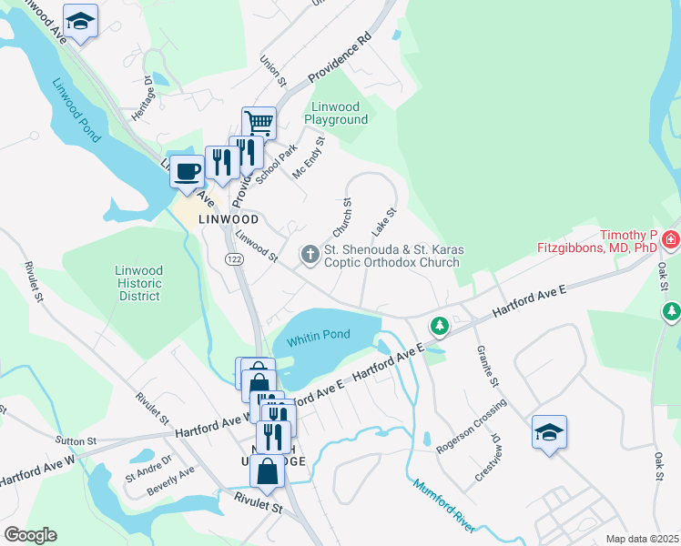 map of restaurants, bars, coffee shops, grocery stores, and more near Bufford Lane in Uxbridge