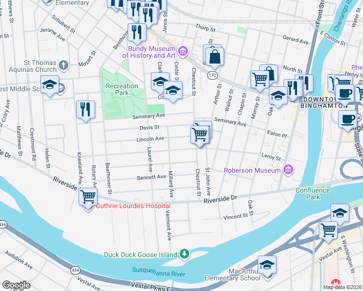 map of restaurants, bars, coffee shops, grocery stores, and more near 86 Leroy Street in Binghamton