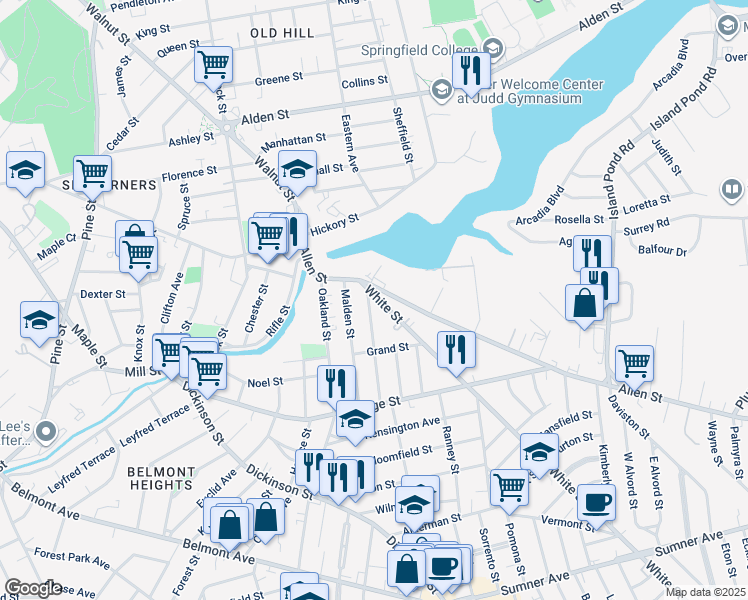 map of restaurants, bars, coffee shops, grocery stores, and more near 26 White Street in Springfield