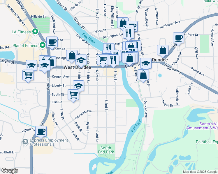 map of restaurants, bars, coffee shops, grocery stores, and more near 301 South 2nd Street in West Dundee