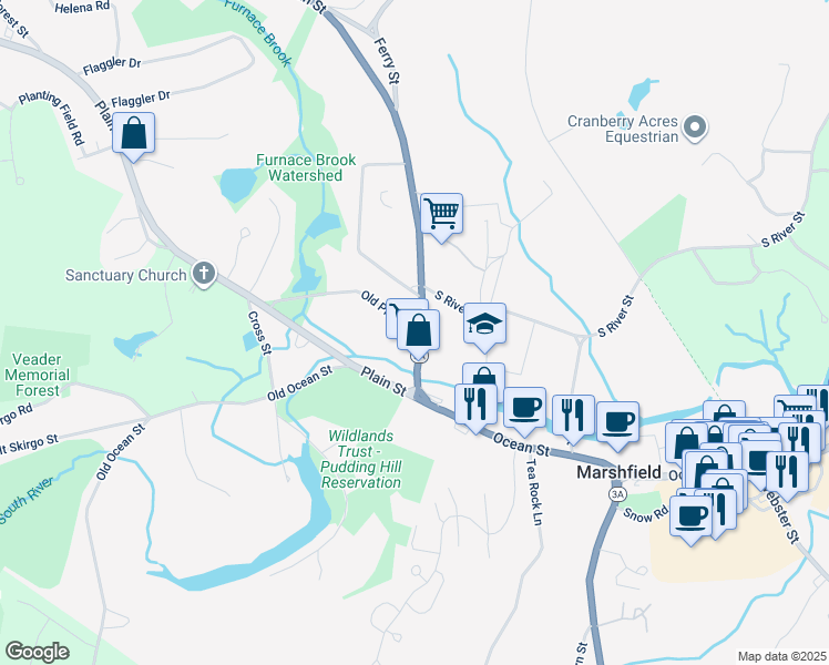 map of restaurants, bars, coffee shops, grocery stores, and more near 5 Old Plain Street in Marshfield