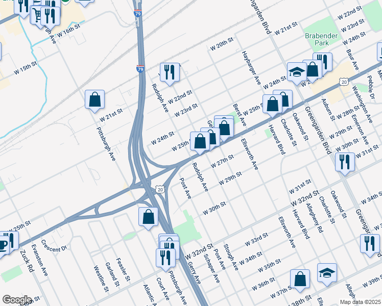 map of restaurants, bars, coffee shops, grocery stores, and more near 2517 Rudolph Avenue in Erie