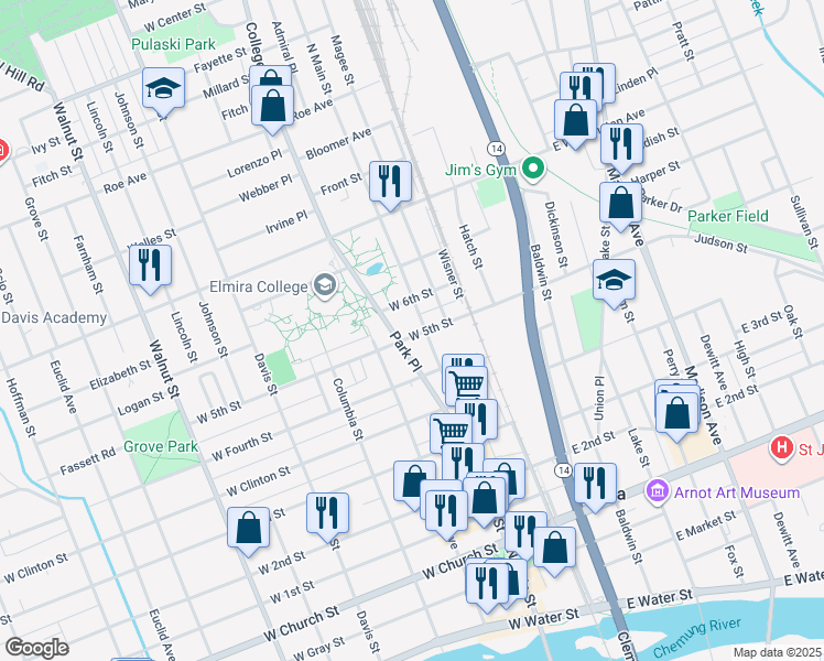 map of restaurants, bars, coffee shops, grocery stores, and more near 206 West 5th Street in Elmira