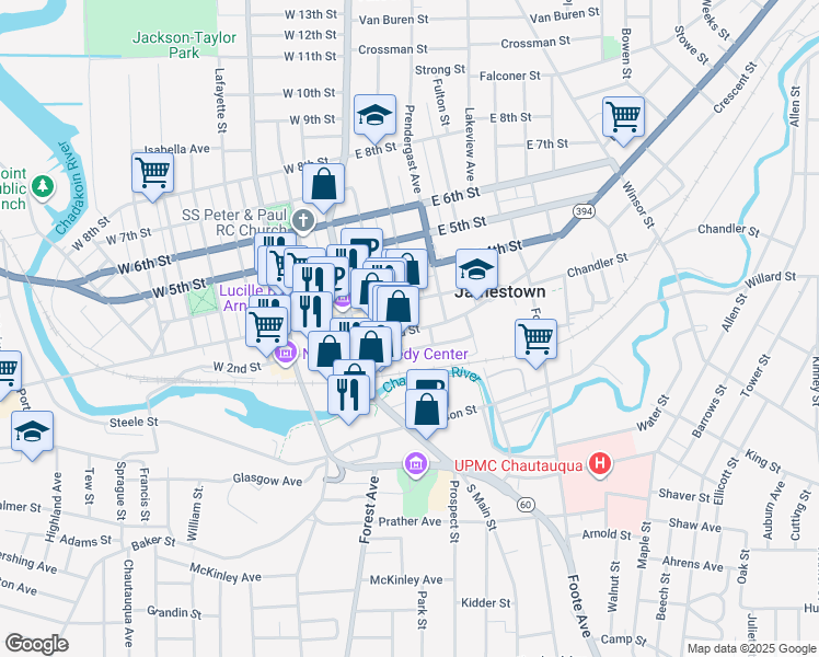 map of restaurants, bars, coffee shops, grocery stores, and more near 121 East 2nd Street in Jamestown