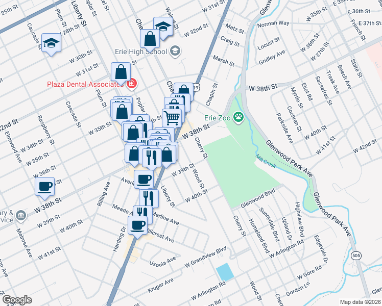 map of restaurants, bars, coffee shops, grocery stores, and more near 3833 Wood Street in Erie