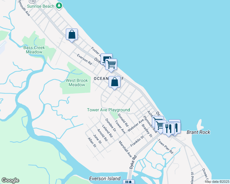map of restaurants, bars, coffee shops, grocery stores, and more near 185 Plymouth Avenue in Marshfield