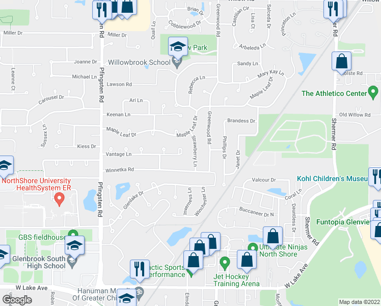 map of restaurants, bars, coffee shops, grocery stores, and more near 2234 Strawberry Lane in Glenview