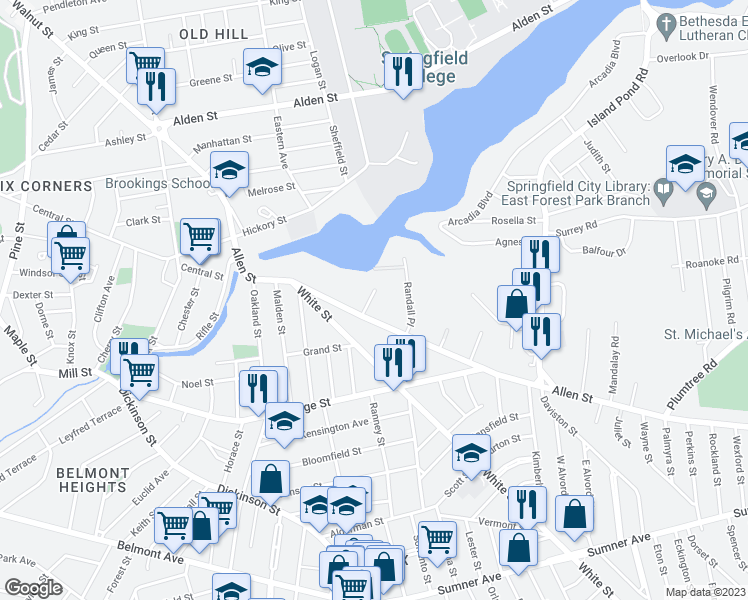 map of restaurants, bars, coffee shops, grocery stores, and more near 17 Hunt Street in Springfield