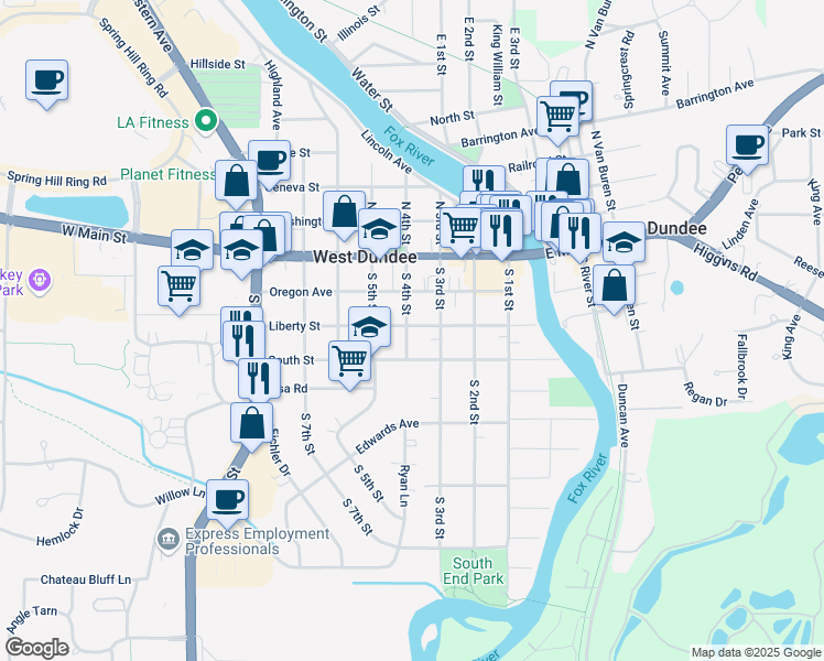 map of restaurants, bars, coffee shops, grocery stores, and more near 319 South 4th Street in West Dundee