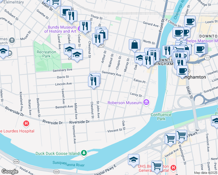 map of restaurants, bars, coffee shops, grocery stores, and more near 48 1/2 Leroy Street in Binghamton