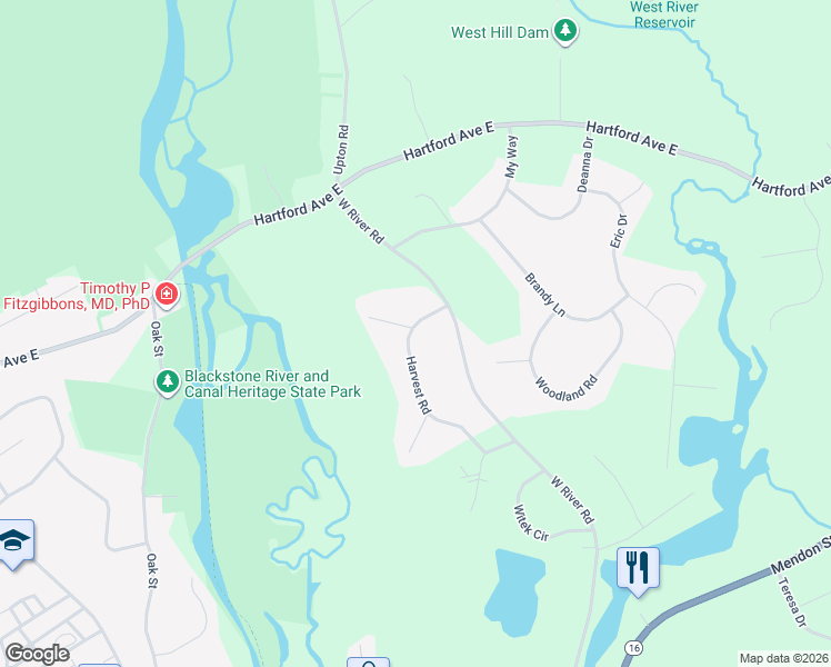 map of restaurants, bars, coffee shops, grocery stores, and more near 72 Harvest Road in Uxbridge