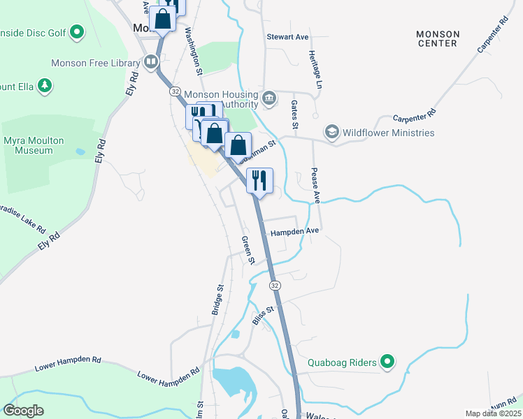 map of restaurants, bars, coffee shops, grocery stores, and more near 230 Main Street in Monson