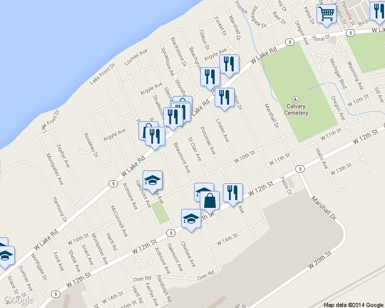 map of restaurants, bars, coffee shops, grocery stores, and more near 828 St Clair Ave in Erie