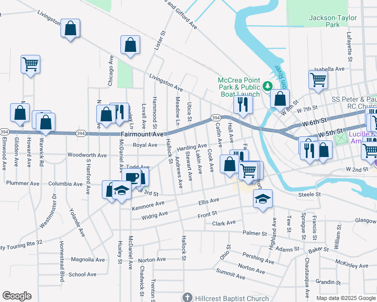 map of restaurants, bars, coffee shops, grocery stores, and more near 509 Harding Ave in Jamestown