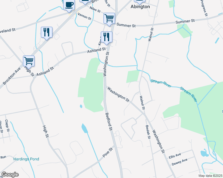map of restaurants, bars, coffee shops, grocery stores, and more near 87 Washington Street in Abington