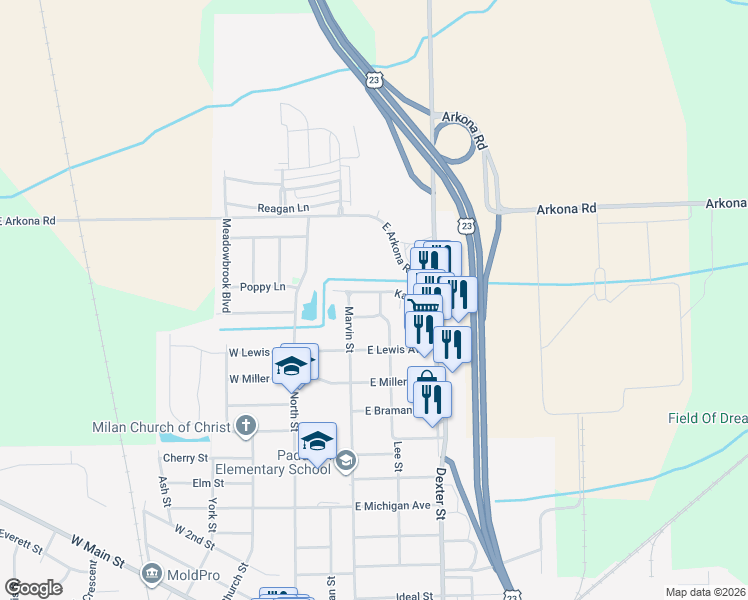 map of restaurants, bars, coffee shops, grocery stores, and more near 1185 Wright Lane in Milan